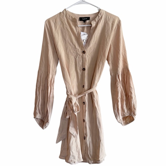 Aakaa Dresses & Skirts - Aakaa Linen Blend Beige Button-Up Belted Tie Waist Long Sleeve Dress Small NWT